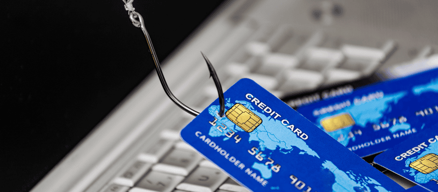 Image with fishing hook and credit card to represent Phishing Scam