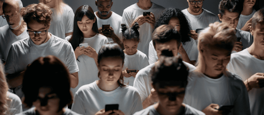 picture of a lot of different types of people with white t-shirts on, staring down at their phone in their hands